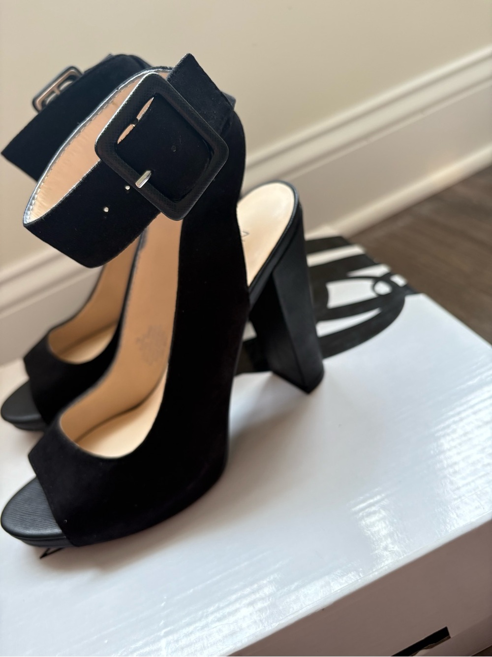 Nine West Black Suede Open-Toe Ankle-Strap Heels